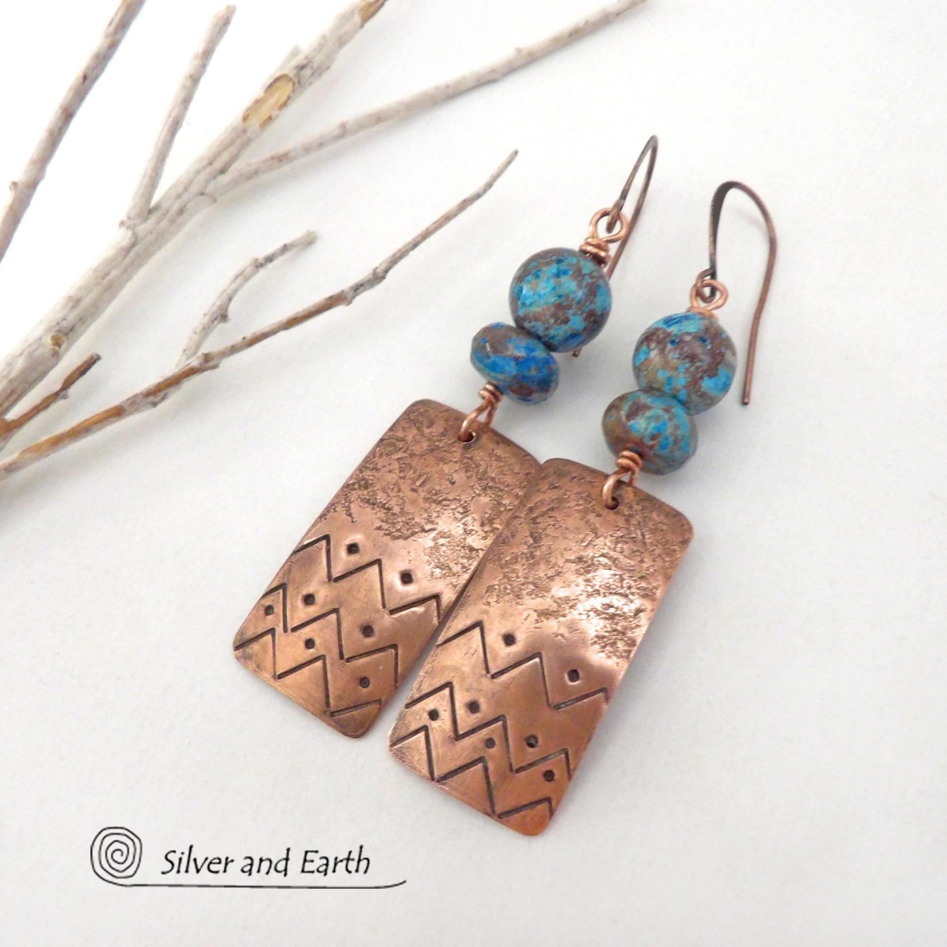 Hand Stamped Copper Rectangle Earrings with Blue Brown Calsilica Jasper Gemstones