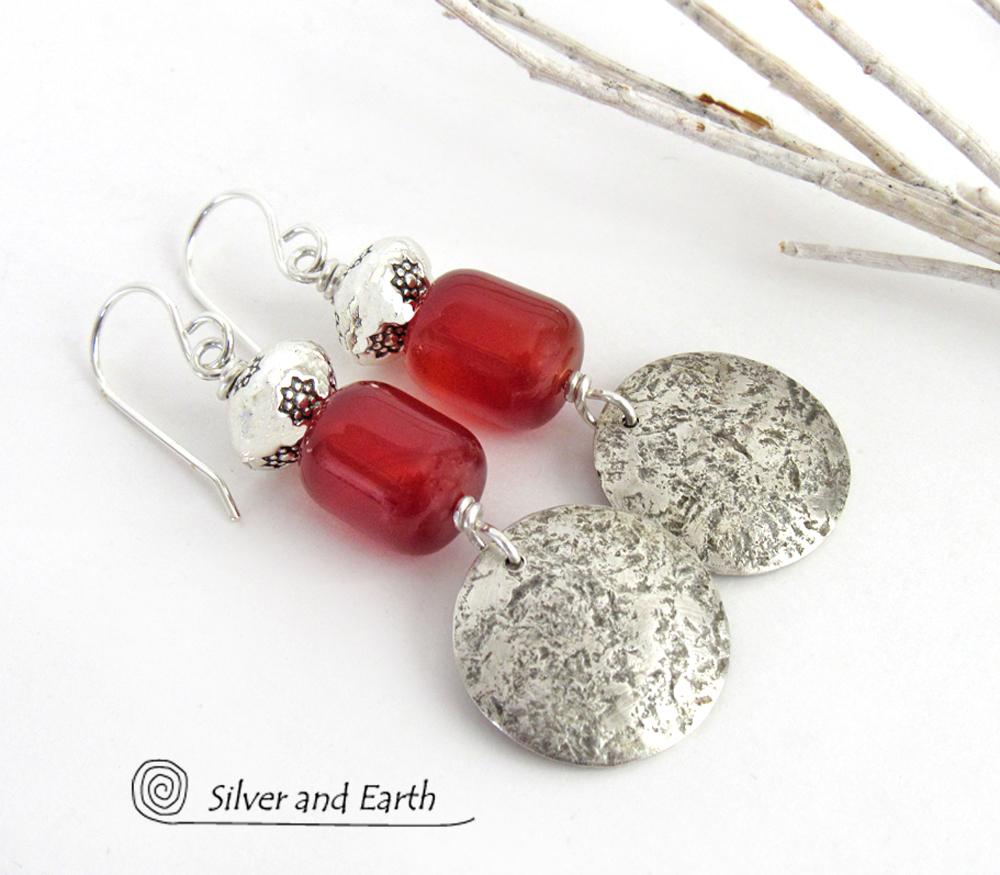 Round Sterling Silver Dangle Earrings with Orange Carnelian Gemstones - Modern Boho Chic Jewelry