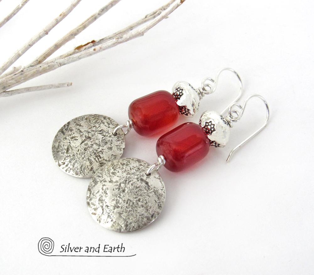 Round Sterling Silver Dangle Earrings with Orange Carnelian Gemstones - Modern Boho Chic Jewelry