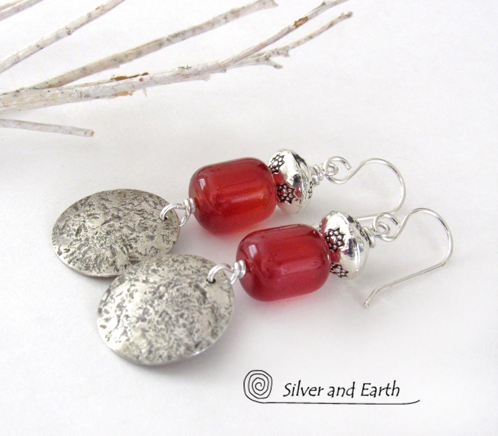 Round Sterling Silver Dangle Earrings with Orange Carnelian Gemstones - Modern Boho Chic Jewelry