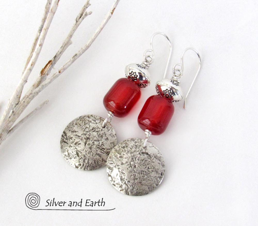 Round Sterling Silver Dangle Earrings with Orange Carnelian Gemstones - Modern Boho Chic Jewelry