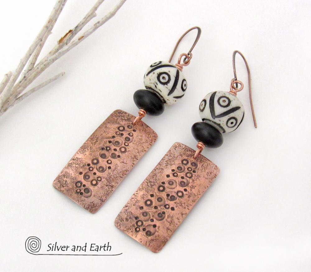 Textured Copper Earrings with African Carved Bone & Black Beads - Ethnic Boho Tribal Style Handmade Jewelry