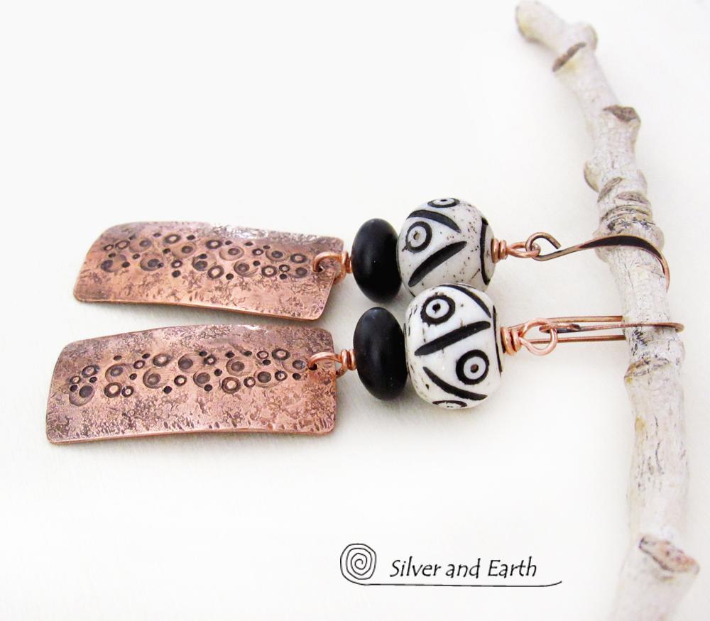 Textured Copper Earrings with African Carved Bone & Black Beads - Ethnic Boho Tribal Style Handmade Jewelry