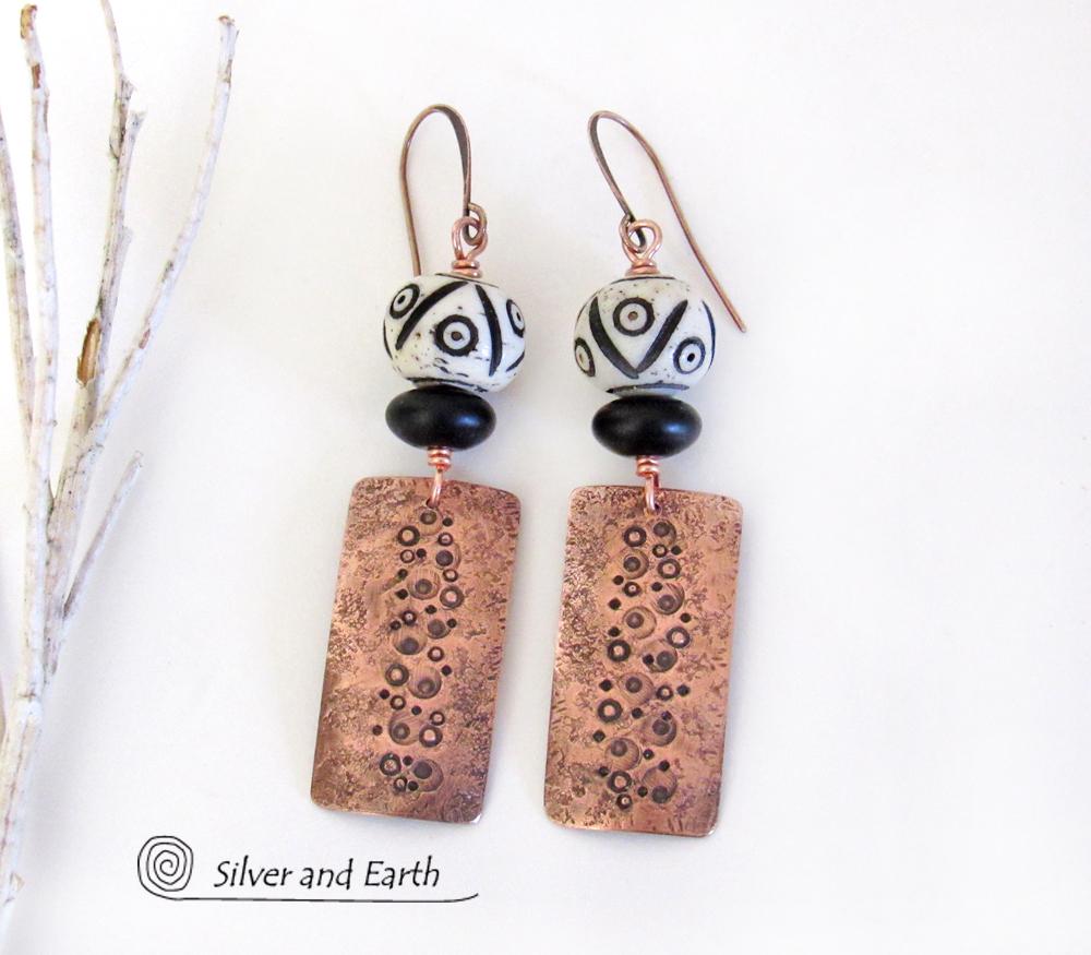 Textured Copper Earrings with African Carved Bone & Black Beads - Ethnic Boho Tribal Style Handmade Jewelry