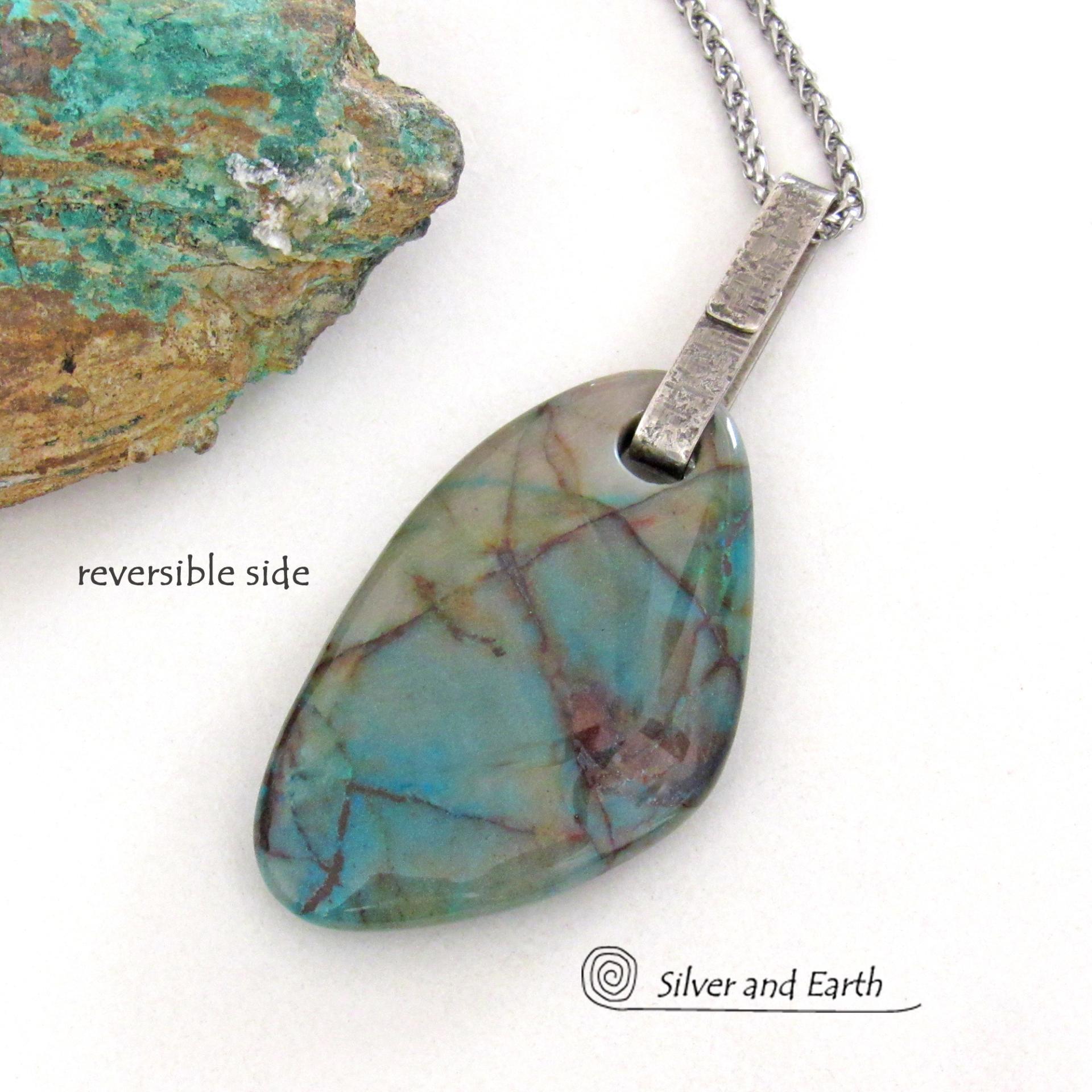 Large Blue Chrysocolla Quartz Gemstone Sterling Silver Necklace - One of a Kind Unique Natural Stone Jewelry 