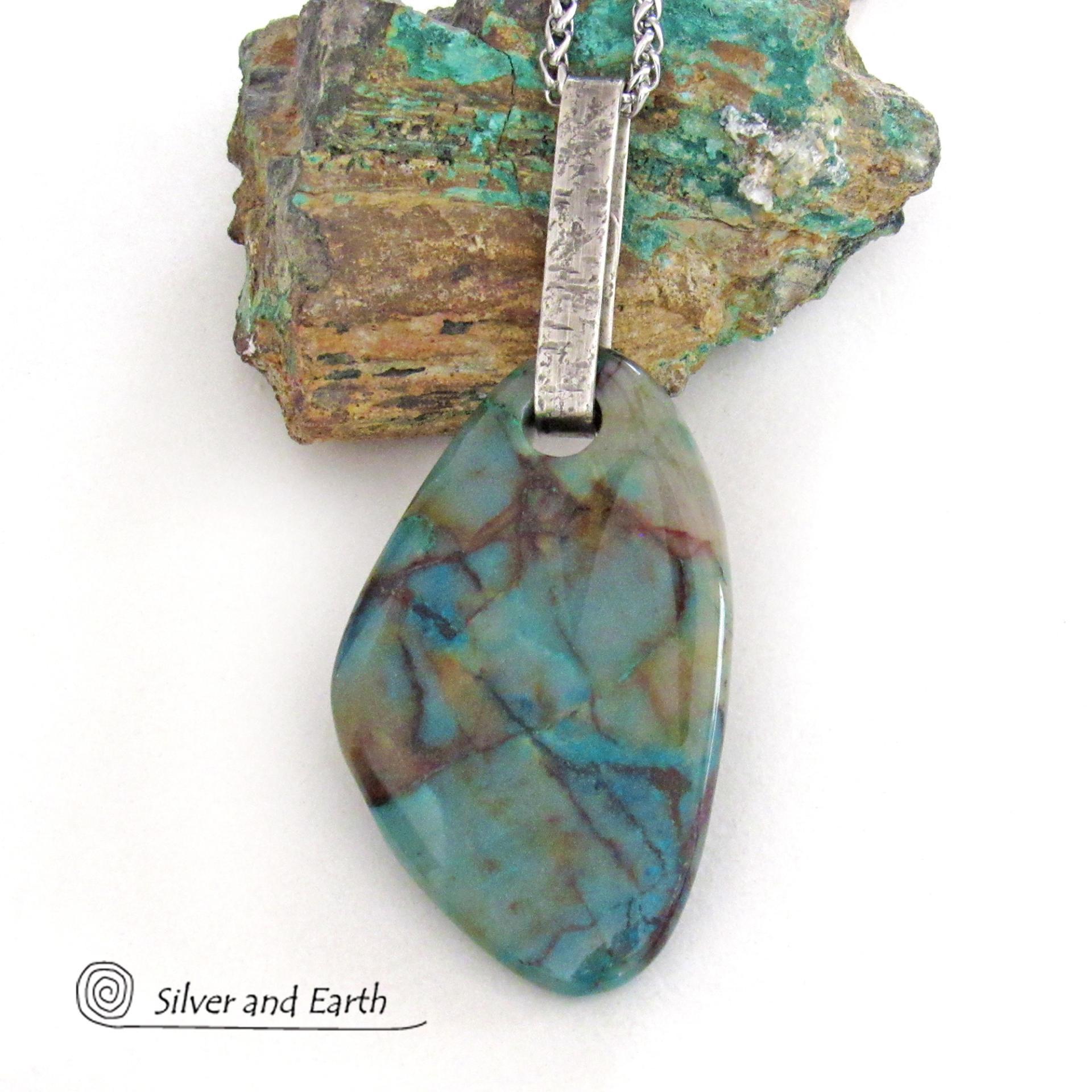 Large Blue Chrysocolla Quartz Gemstone Sterling Silver Necklace - One of a Kind Unique Natural Stone Jewelry 