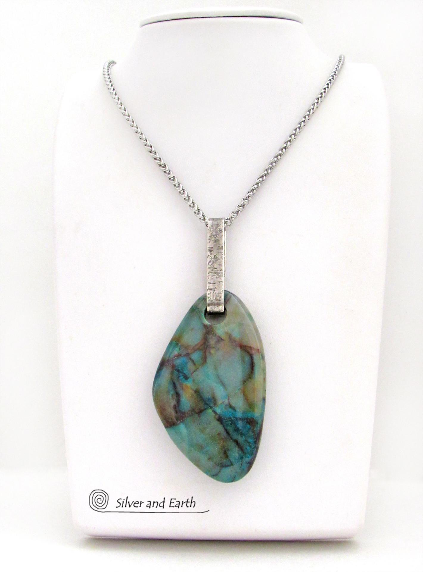 Large Blue Chrysocolla Quartz Gemstone Sterling Silver Necklace - One of a Kind Unique Natural Stone Jewelry 