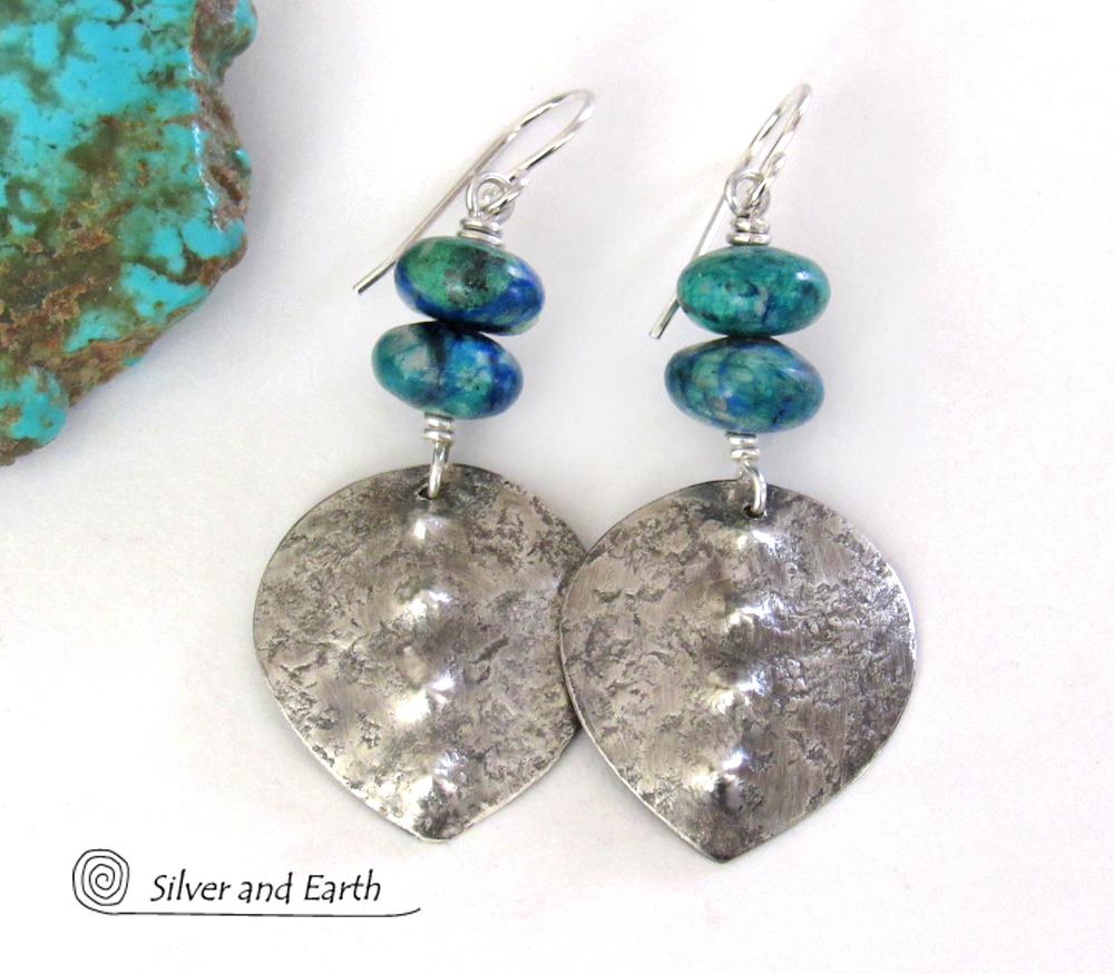 Sterling Silver Earrings with Blue Green Chrysocolla Stones - Earthy Modern Silver Jewelry