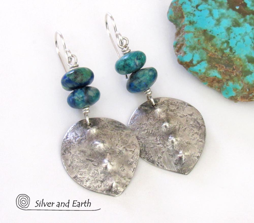 Sterling Silver Earrings with Blue Green Chrysocolla Stones - Earthy Modern Silver Jewelry