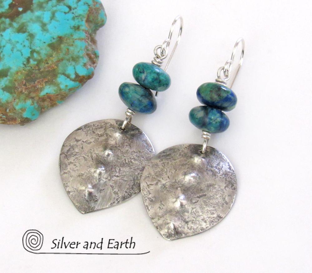 Sterling Silver Earrings with Blue Green Chrysocolla Stones - Earthy Modern Silver Jewelry