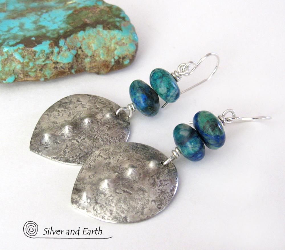 Sterling Silver Earrings with Blue Green Chrysocolla Stones - Earthy Modern Silver Jewelry