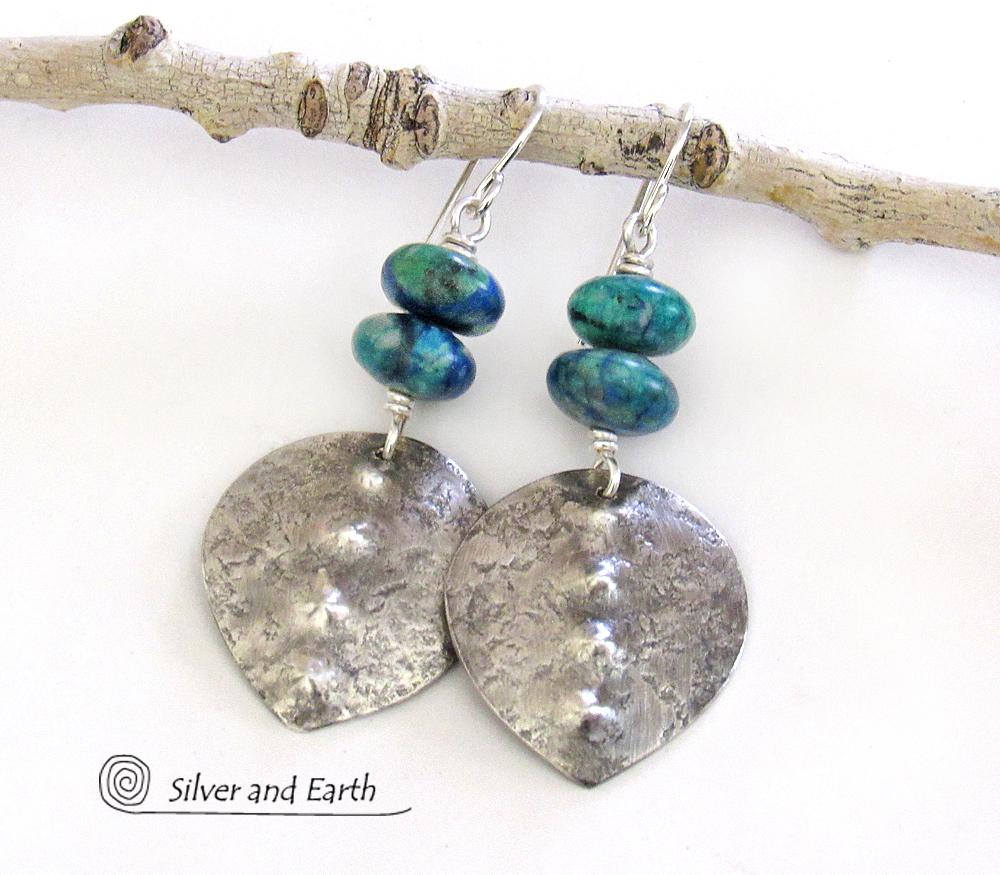 Sterling Silver Earrings with Blue Green Chrysocolla Stones - Earthy Modern Silver Jewelry