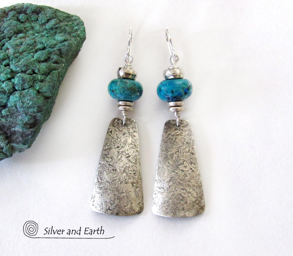 Sterling Silver Dangle Earrings with Chrysocolla Stones - Artisan Handmade Modern Silver Jewelry