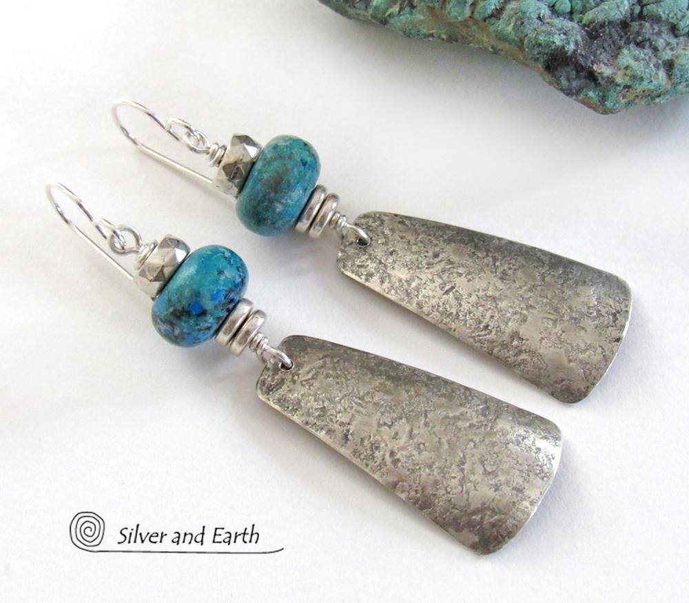 Sterling Silver Dangle Earrings with Chrysocolla Stones - Artisan Handmade Modern Silver Jewelry