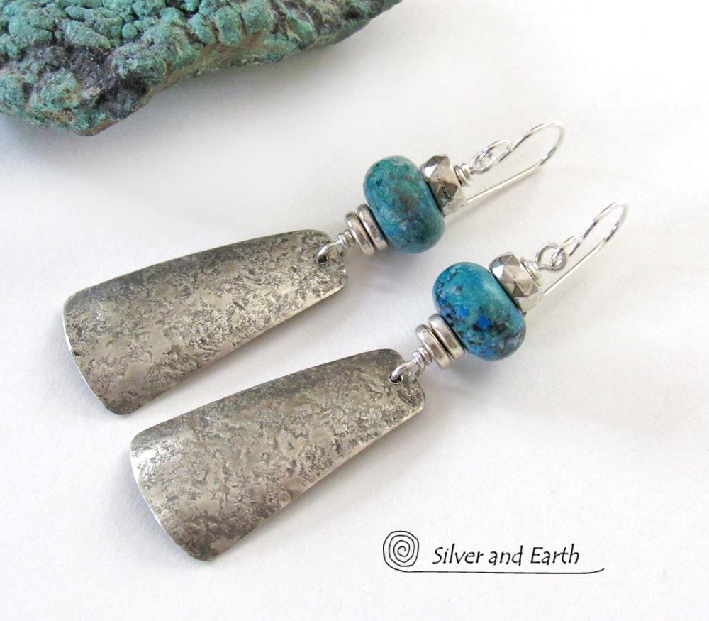 Sterling Silver Dangle Earrings with Chrysocolla Stones - Artisan Handmade Modern Silver Jewelry