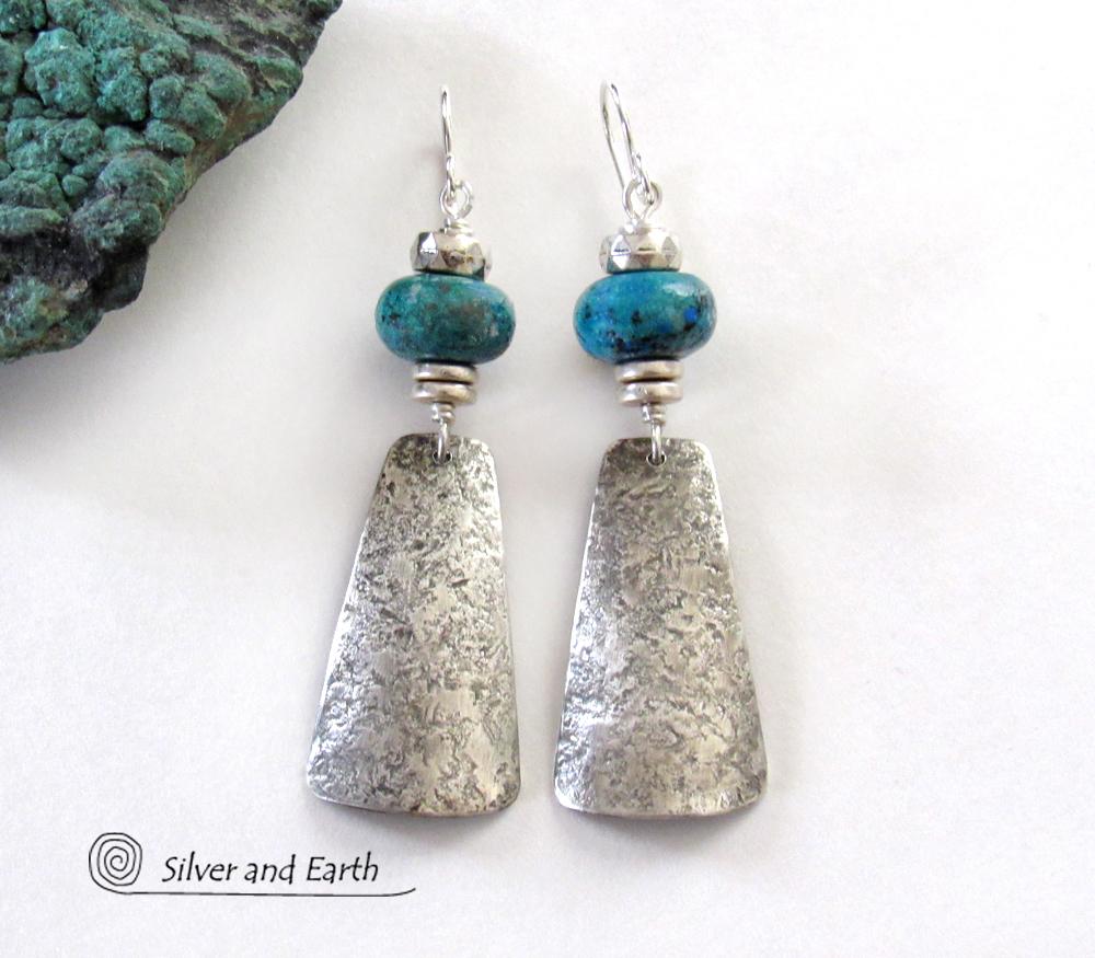 Sterling Silver Dangle Earrings with Chrysocolla Stones - Artisan Handmade Modern Silver Jewelry
