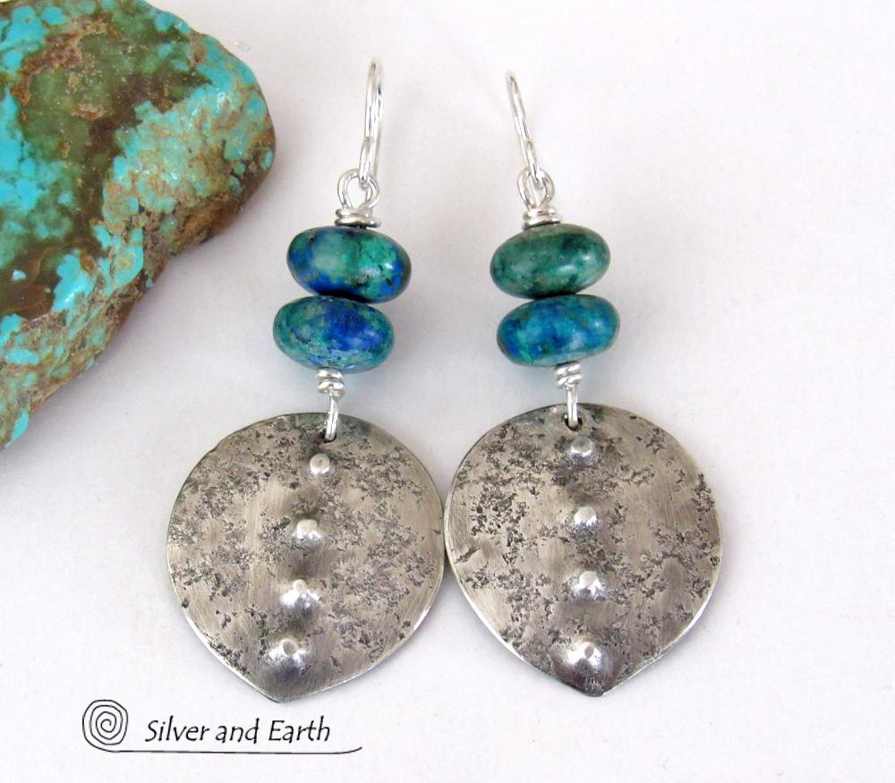 Sterling Silver Earrings with Blue Green Chrysocolla Stones - Earthy Modern Silver Jewelry