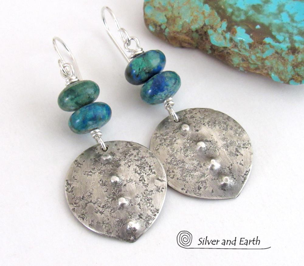 Sterling Silver Earrings with Blue Green Chrysocolla Stones - Earthy Modern Silver Jewelry