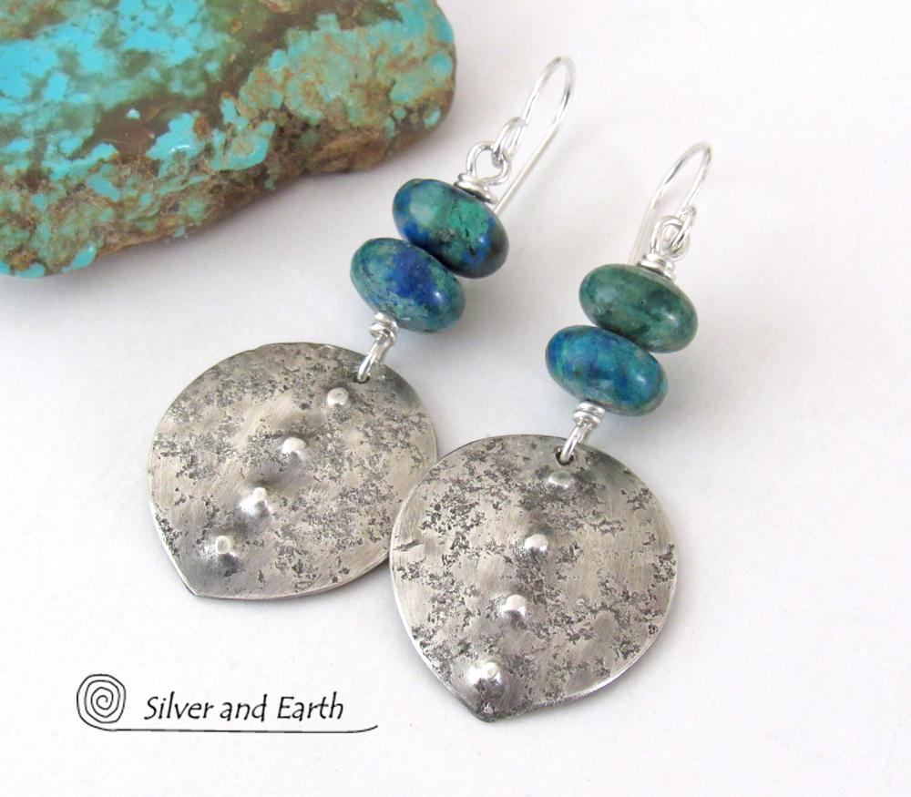 Sterling Silver Earrings with Blue Green Chrysocolla Stones - Earthy Modern Silver Jewelry