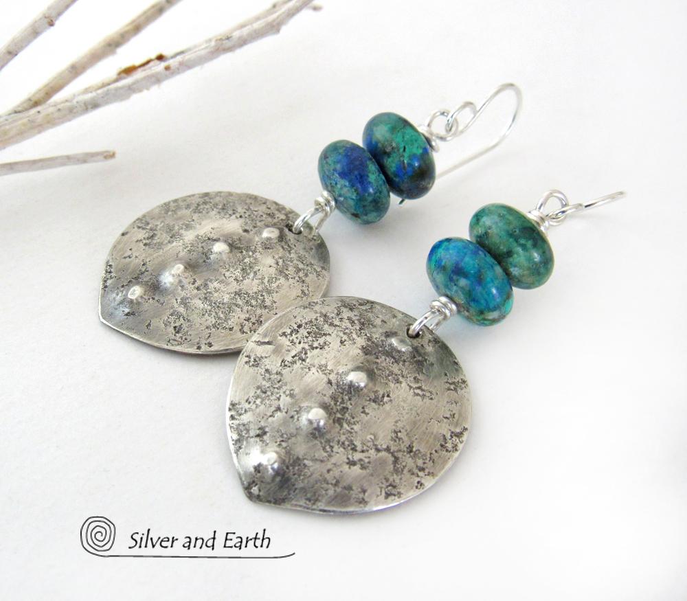 Sterling Silver Earrings with Blue Green Chrysocolla Stones - Earthy Modern Silver Jewelry