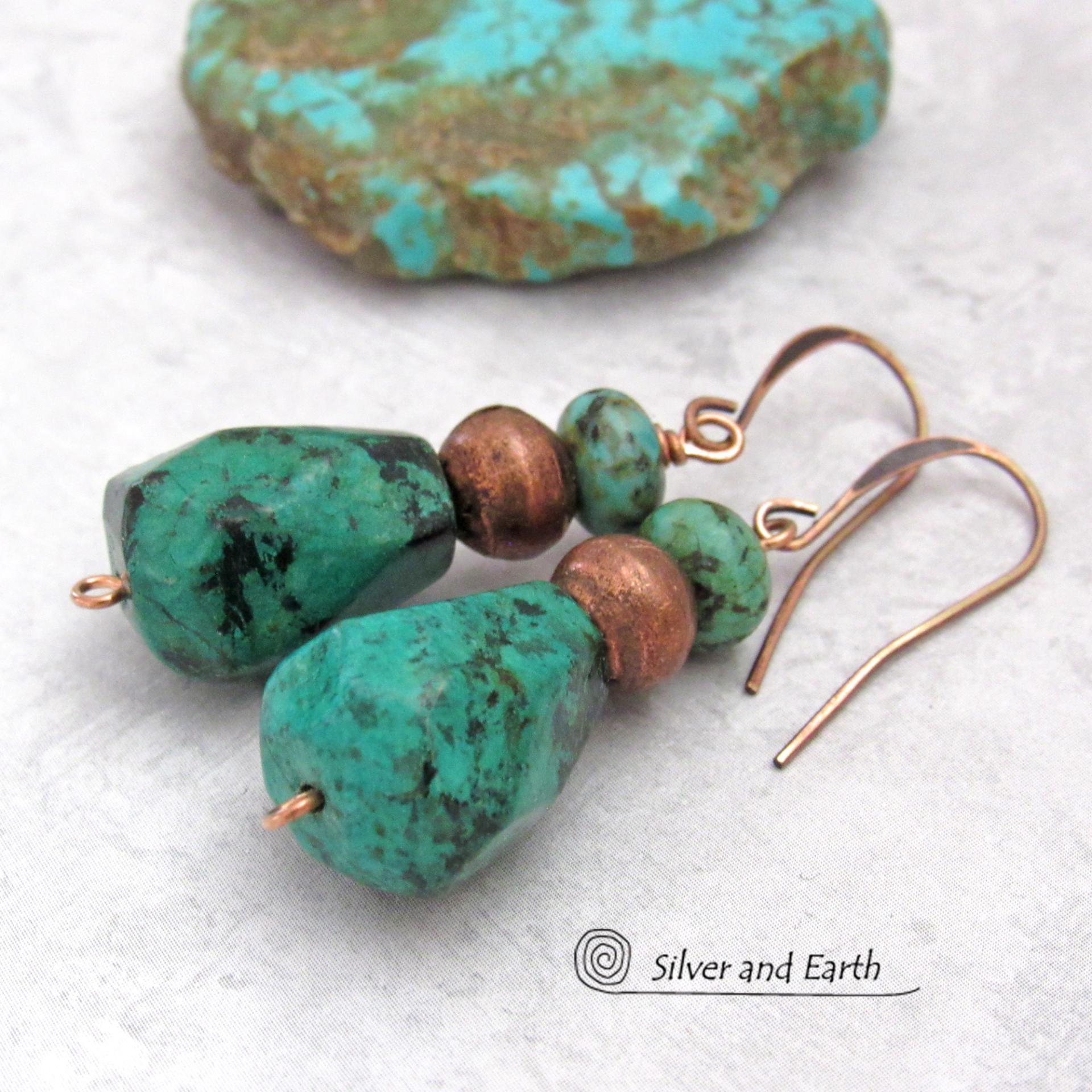 Chunky African Turquoise Stone Earrings with Copper Beads - Modern Boho Earthy Natural Gemstone Jewelry