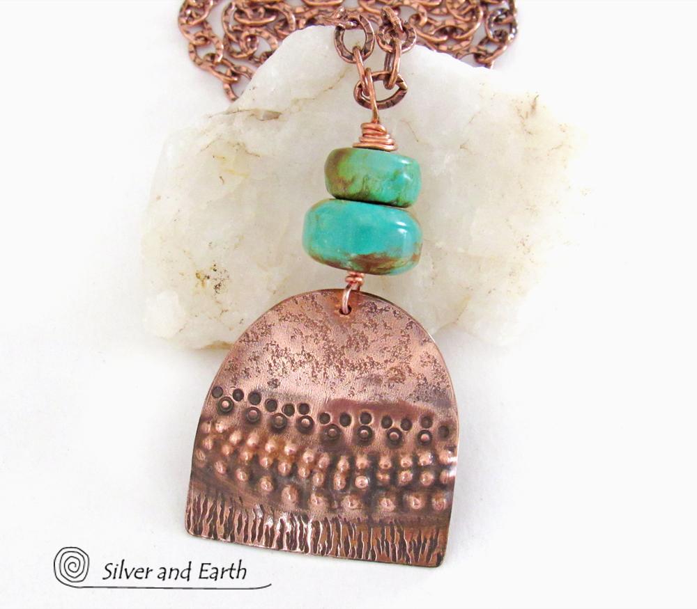 Boho Chic Copper Necklace with Natural Turquoise Stones - Rustic Earthy Bohemian Jewelry