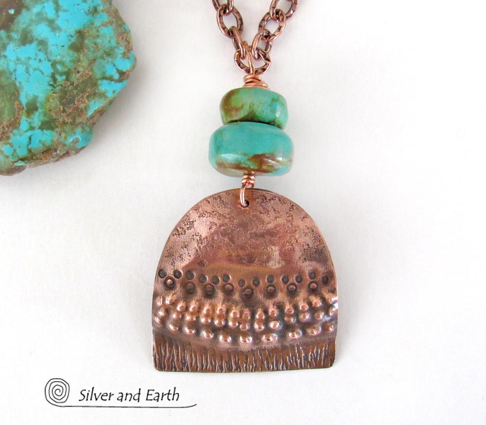 Boho Chic Copper Necklace with Natural Turquoise Stones - Rustic Earthy Bohemian Jewelry