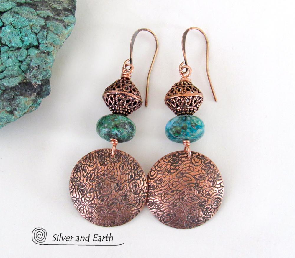 Hand Stamped Copper Dangle Earrings with Chrysocolla Gemstones & Filigree Beads - Modern Boho Chic Artisan Handmade Jewelry