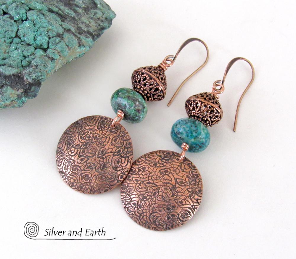 Hand Stamped Copper Dangle Earrings with Chrysocolla Gemstones & Filigree Beads - Modern Boho Chic Artisan Handmade Jewelry