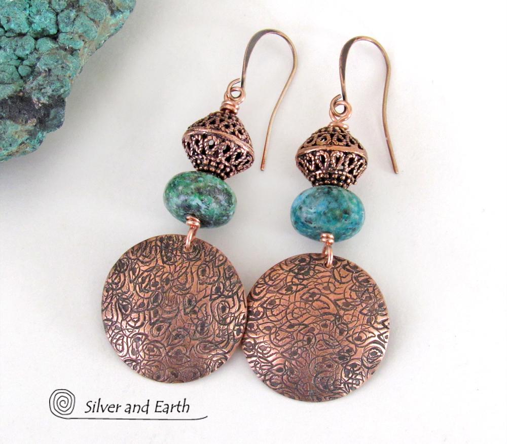 Hand Stamped Copper Dangle Earrings with Chrysocolla Gemstones & Filigree Beads - Modern Boho Chic Artisan Handmade Jewelry