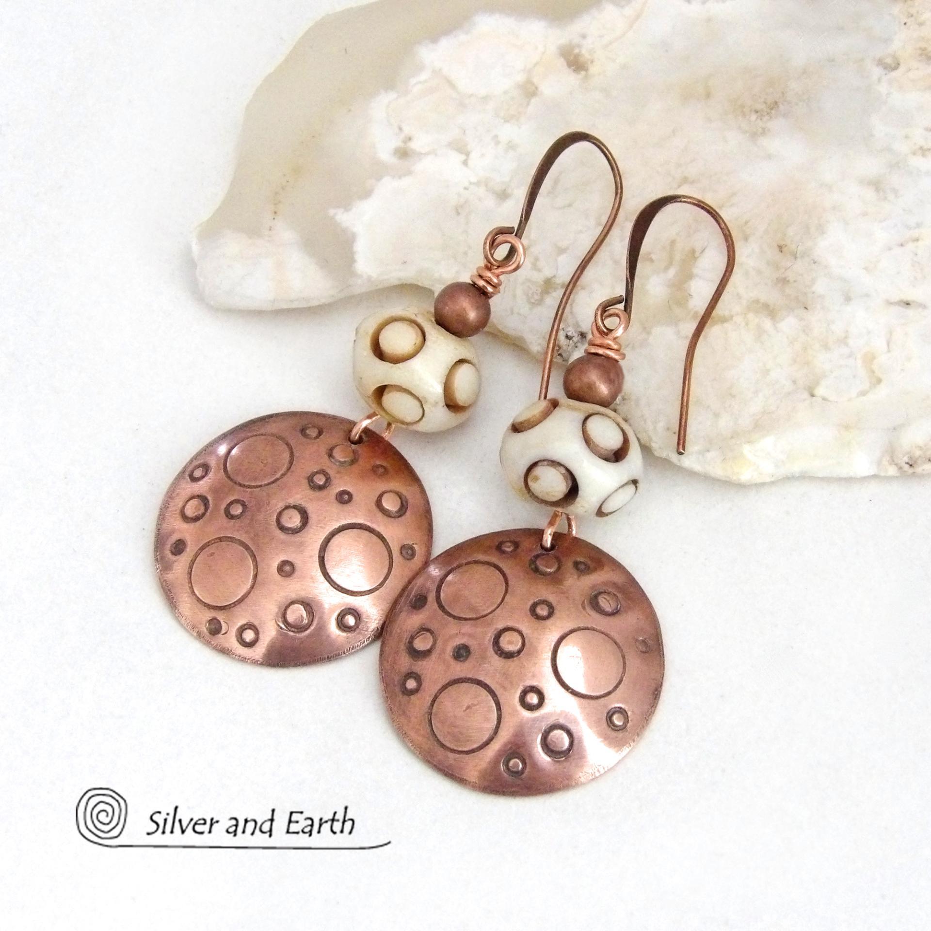 Hand Stamped Copper Tribal Earrings with African Carved Bone - Artisan Handmade Bohemian Style Jewelry