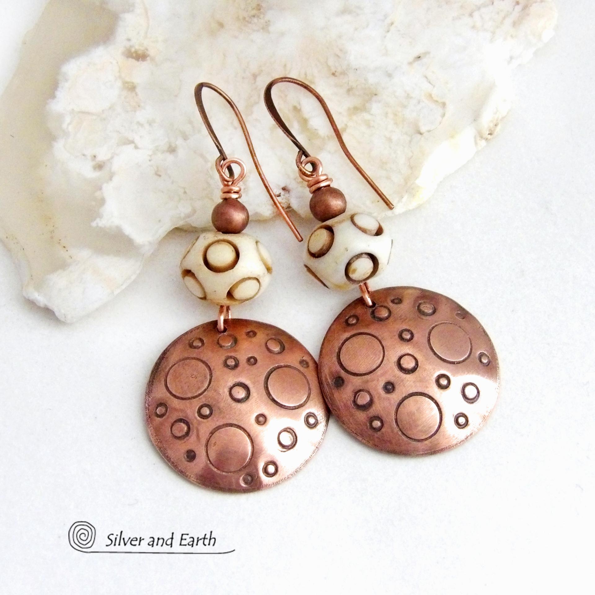 Hand Stamped Copper Tribal Earrings with African Carved Bone - Artisan Handmade Bohemian Style Jewelry