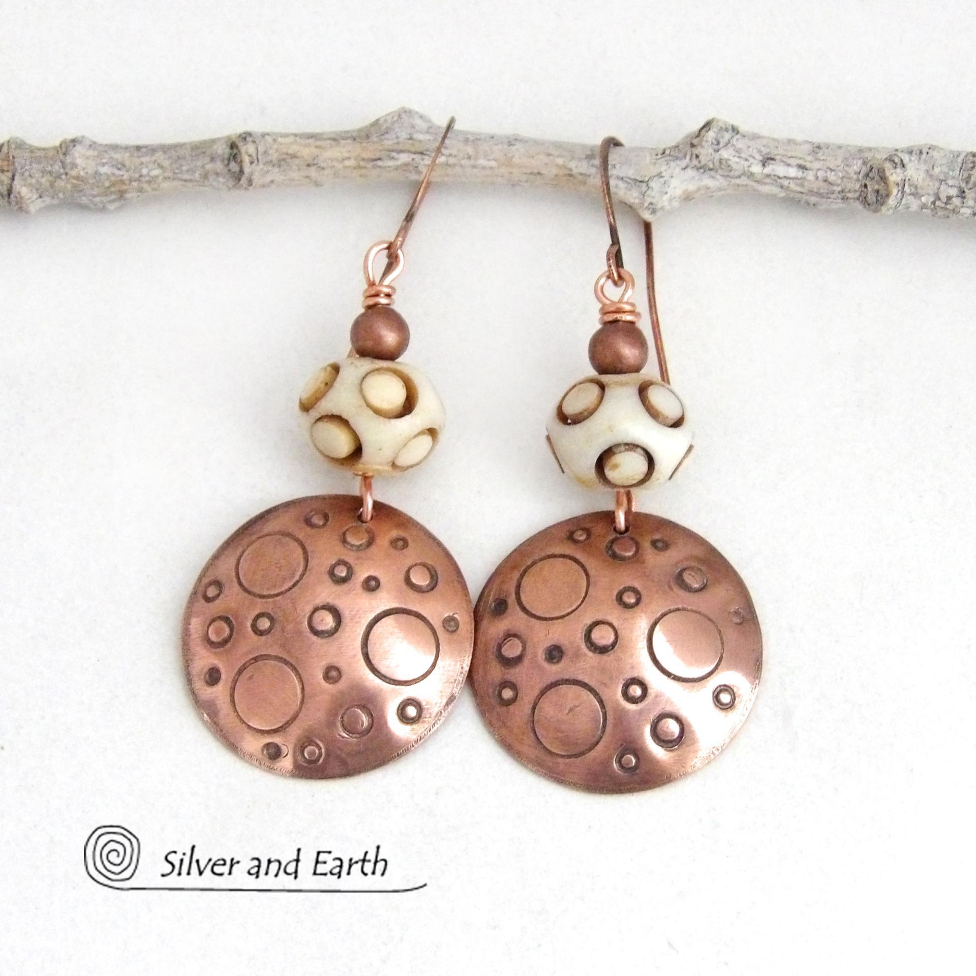 Hand Stamped Copper Tribal Earrings with African Carved Bone - Artisan Handmade Bohemian Style Jewelry