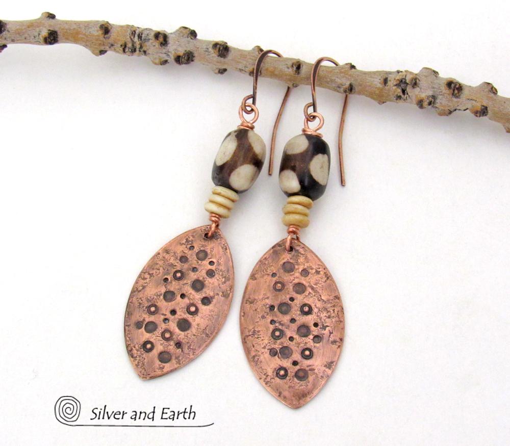 African Batik Bone & Copper Dangle Earrings with Rustic Hammered & Stamped Texture - Bold Unique Ethnic Boho Tribal Jewelry