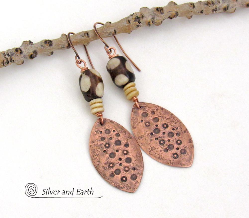African Batik Bone & Copper Dangle Earrings with Rustic Hammered & Stamped Texture - Bold Unique Ethnic Boho Tribal Jewelry