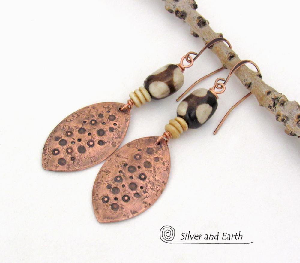 African Batik Bone & Copper Dangle Earrings with Rustic Hammered & Stamped Texture - Bold Unique Ethnic Boho Tribal Jewelry