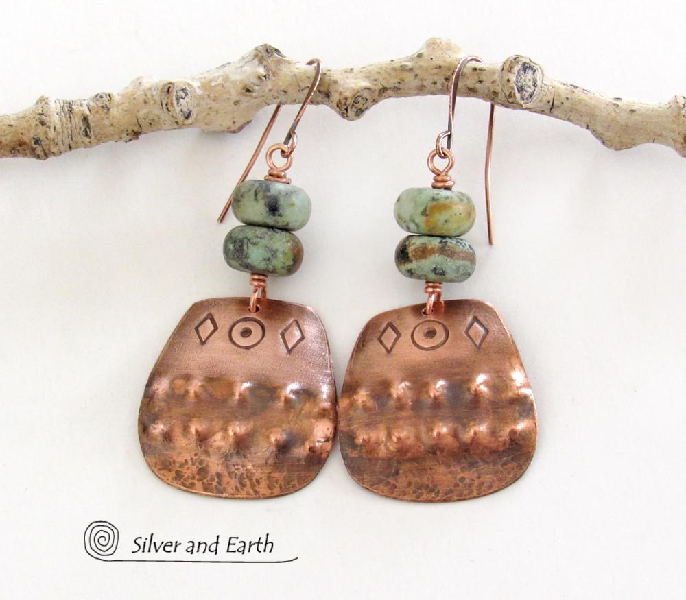 Southwest Style Stamped Copper Earrings with African Turquoise Stones