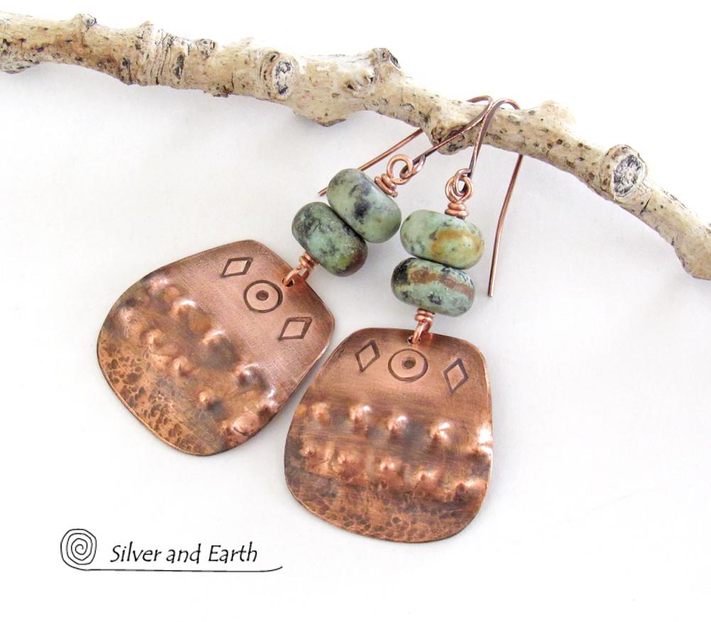 Southwest Style Stamped Copper Earrings with African Turquoise Stones