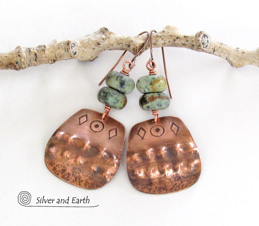 Southwest Style Stamped Copper Earrings with African Turquoise Stones