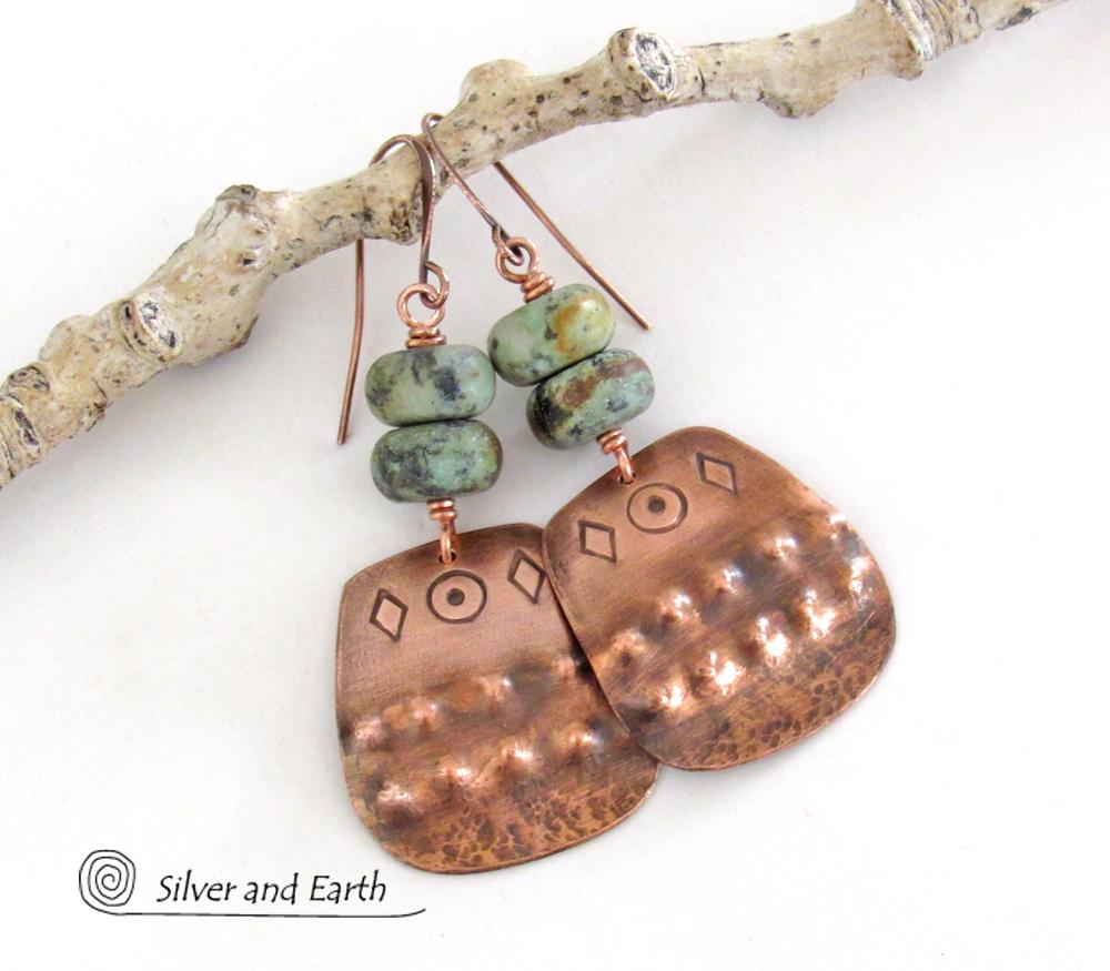 Southwest Style Stamped Copper Earrings with African Turquoise Stones