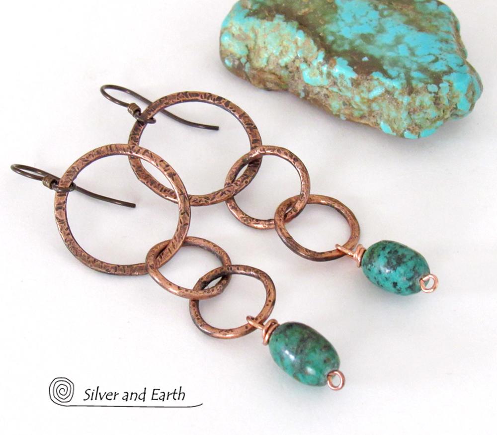 Long Copper Chain Earrings with Dangling Natural African Turquoise Stones