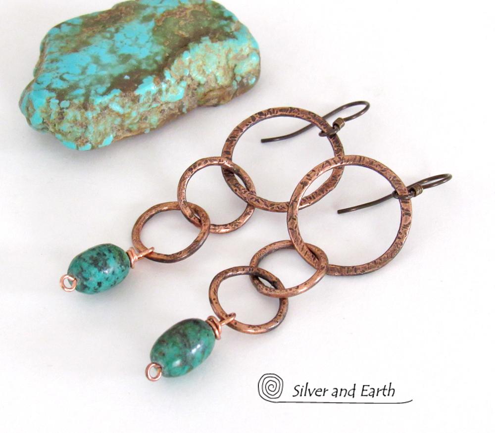 Long Copper Chain Earrings with Dangling Natural African Turquoise Stones