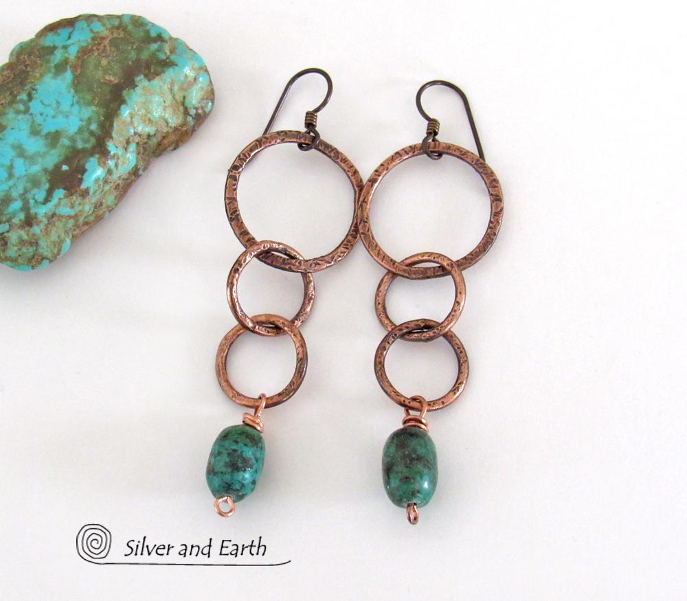 Long Copper Chain Earrings with Dangling Natural African Turquoise Stones