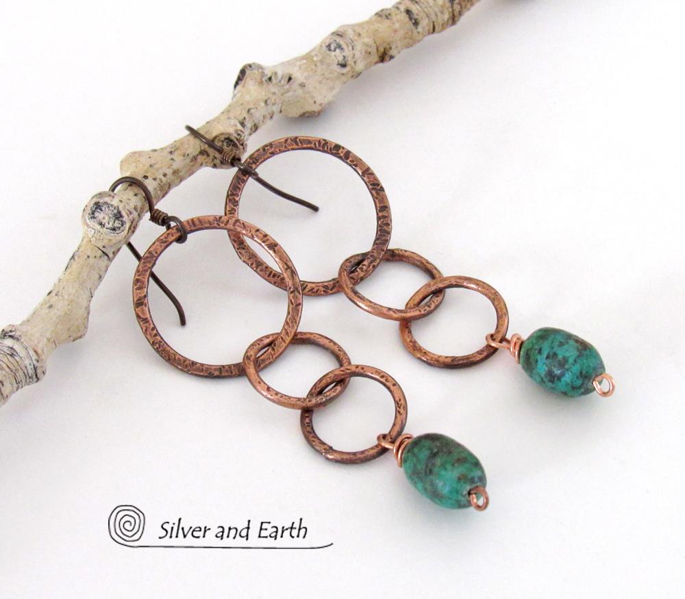 Long Copper Chain Earrings with Dangling Natural African Turquoise Stones