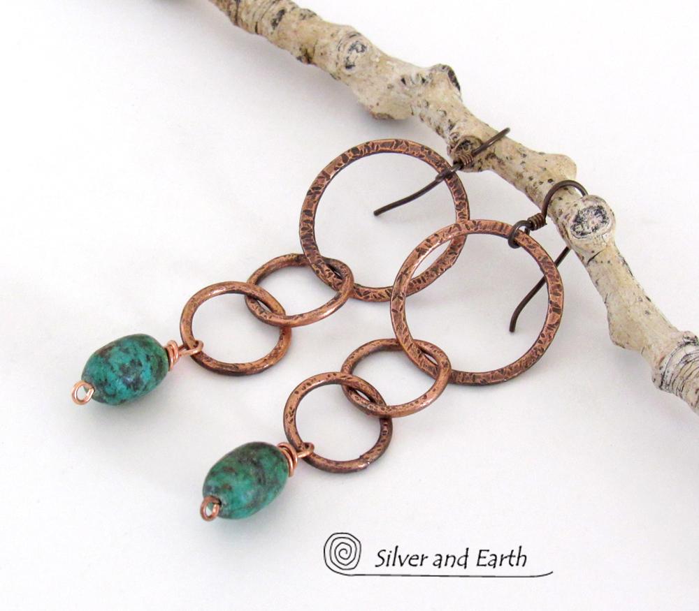 Long Copper Chain Earrings with Dangling Natural African Turquoise Stones