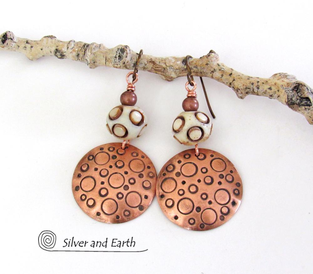 Copper Tribal Earrings with African Carved Bone - Bohemian Boho Tribal Jewelry