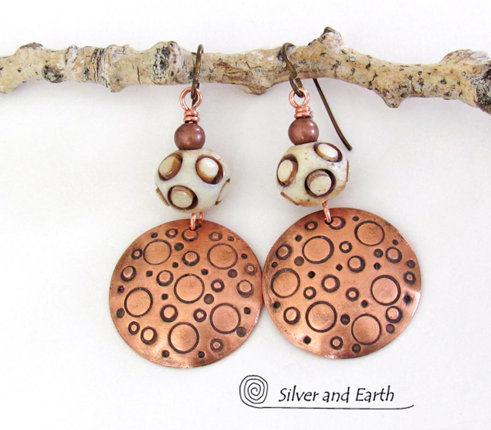 Copper Tribal Earrings with African Carved Bone - Bohemian Boho Tribal Jewelry