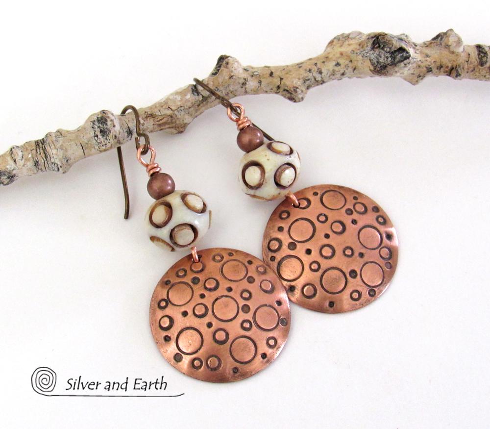 Copper Tribal Earrings with African Carved Bone - Bohemian Boho Tribal Jewelry