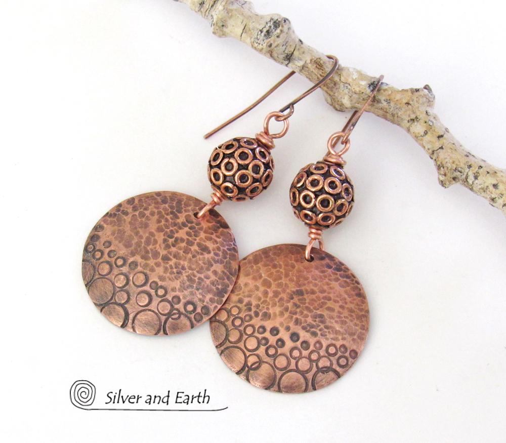 Copper Circle Dangle Earrings with Hand Stamped & Hammered Texture - Unique Handmade Artisan Metal Jewelry