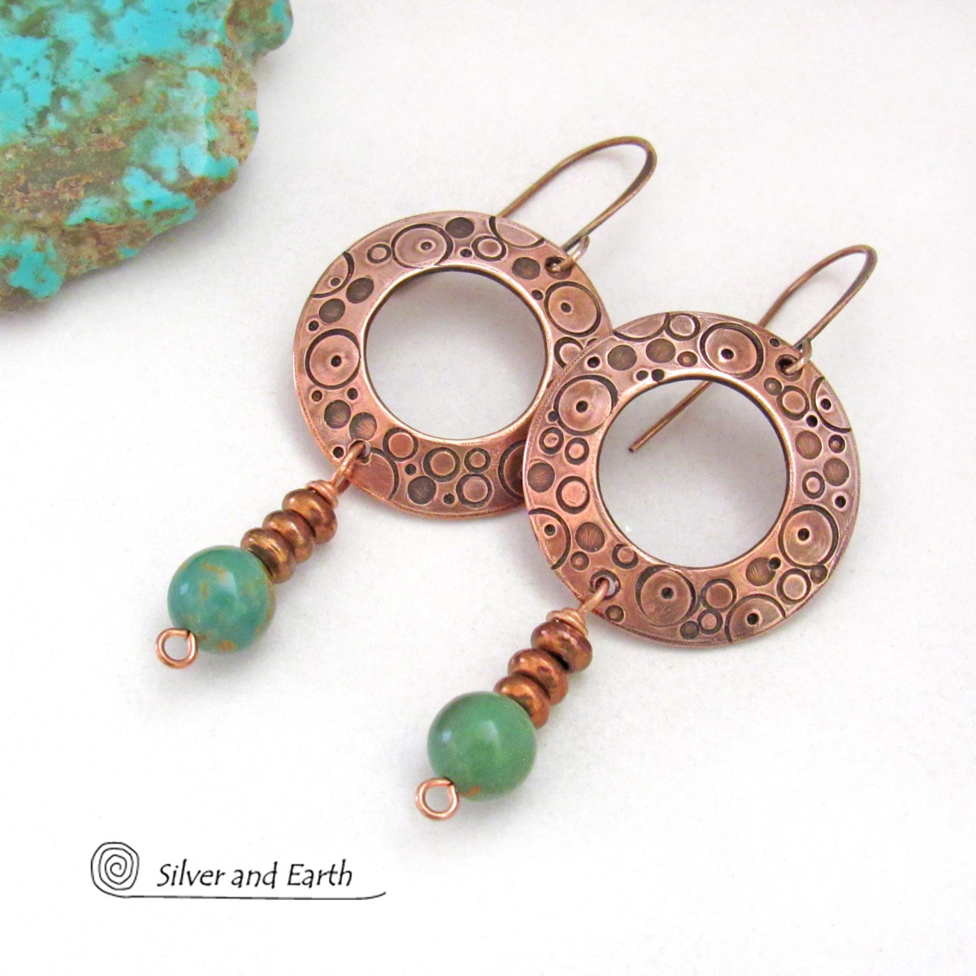 Hand Stamped Copper Circle Hoop Earrings with Turquoise Stone Dangles - Unique Modern Boho Artisan Handmade Jewelry